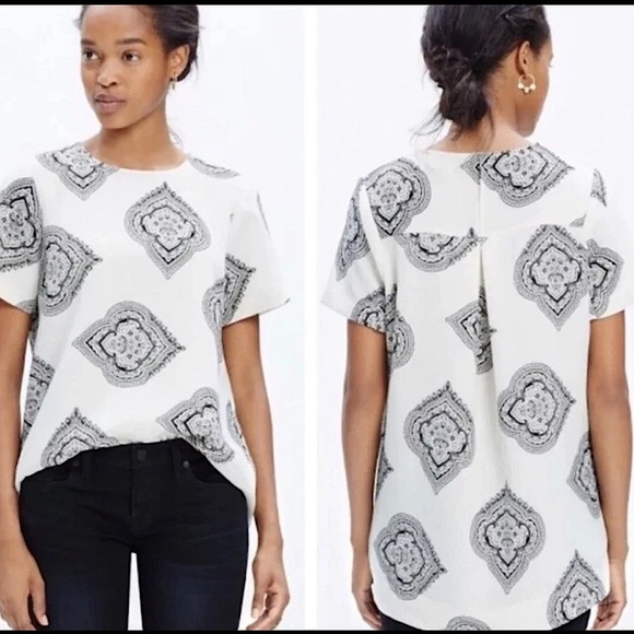 Madewell Tailored Tee XS Estate Paisley Textured Blouse Cream Black Oversized - Picture 1 of 8